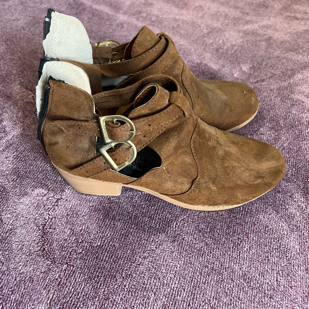Women's Brown Suede Cutout Ankle Booties with Buckle